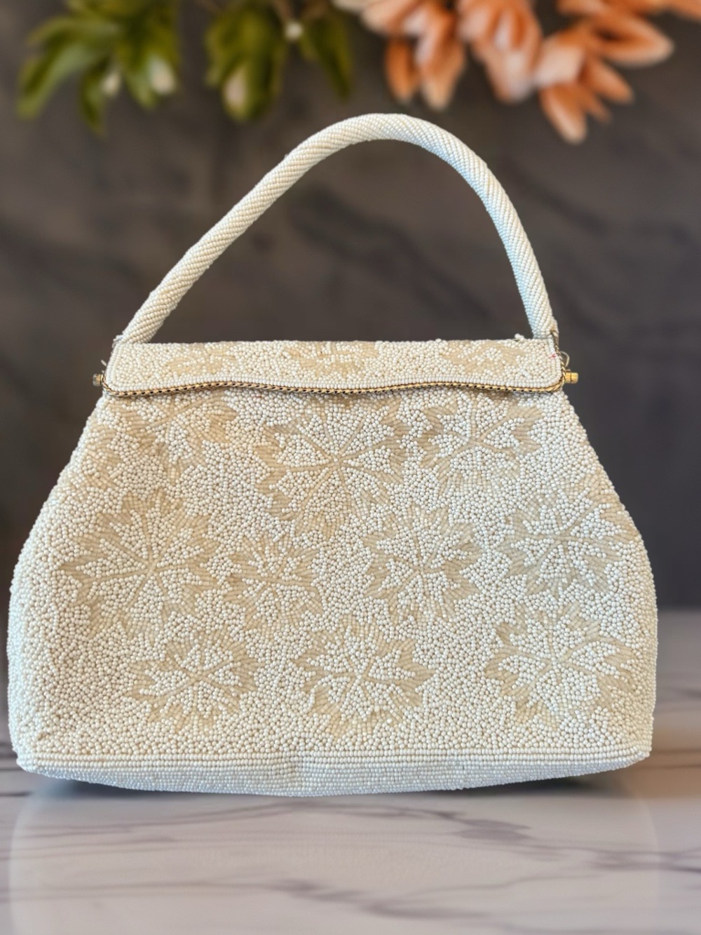 1950’s White and Cream Micro Beaded Purse with Beaded Strap MCM Flip Over Clasp - Picture 1 of 5